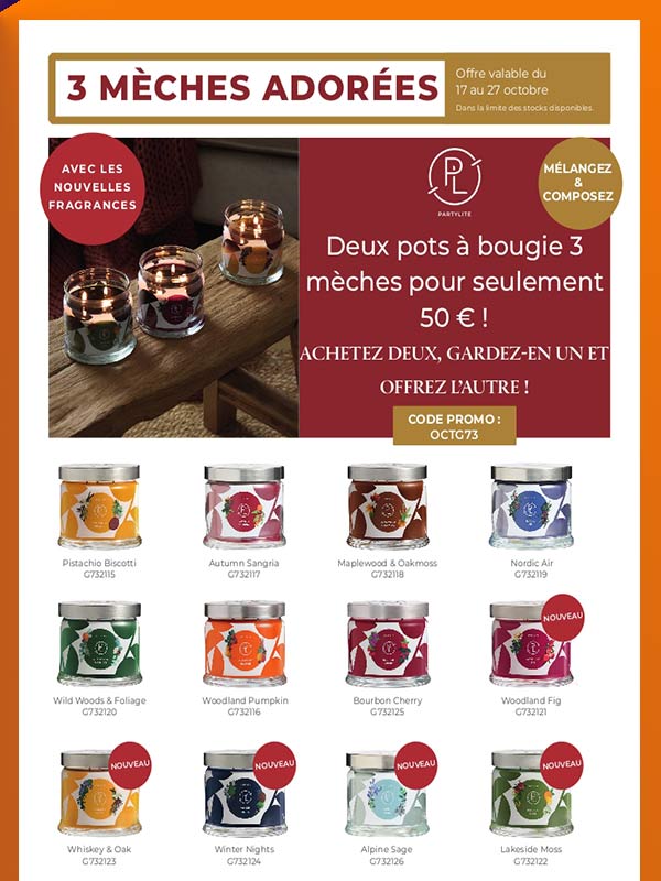 Offre Partylite tous nos pots 3 mèches 50,00€ les 2